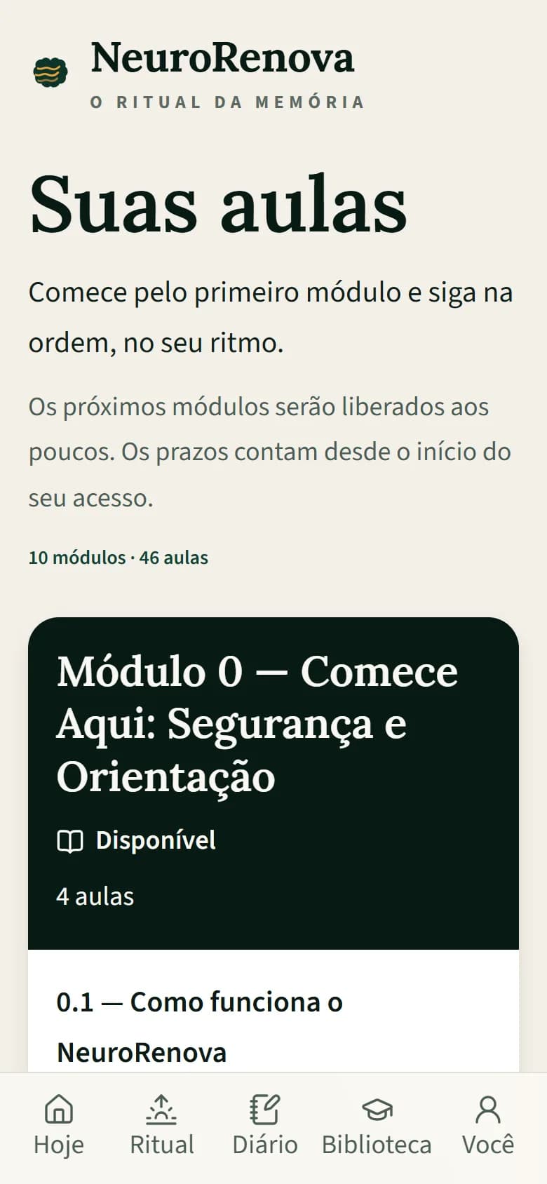 Biblioteca — Os módulos, na ordem em que abrem.